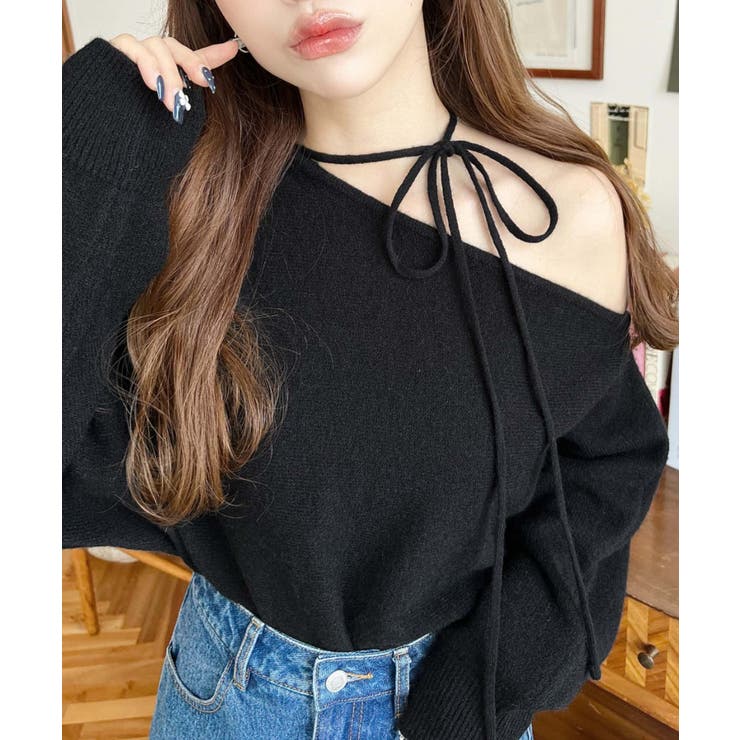 ストラップチョーカーネックリボンアシメワンショルダーニットプルオーバー | moment+ | 詳細画像31 