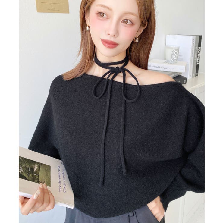 ストラップチョーカーネックリボンアシメワンショルダーニットプルオーバー | moment+ | 詳細画像34 