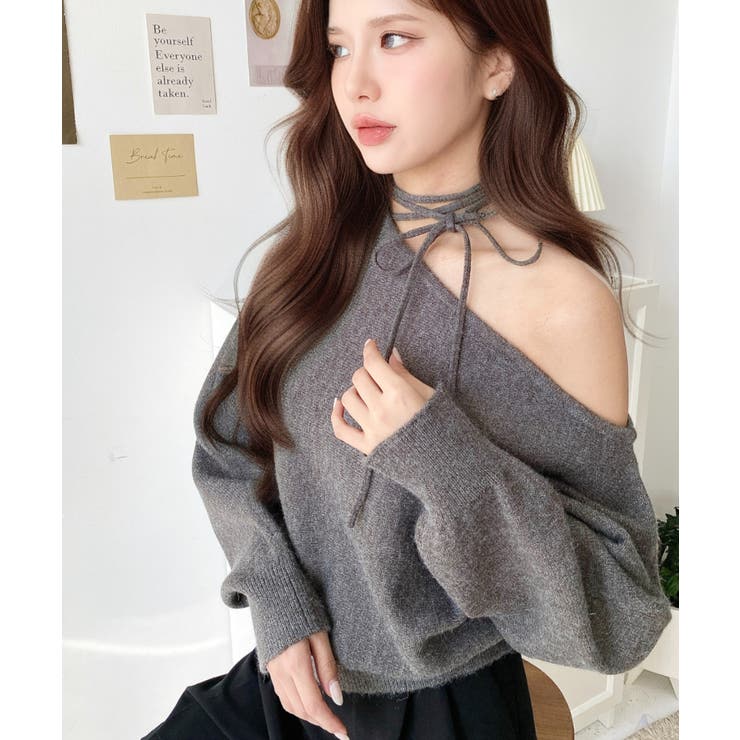 ストラップチョーカーネックリボンアシメワンショルダーニットプルオーバー | moment+ | 詳細画像36 