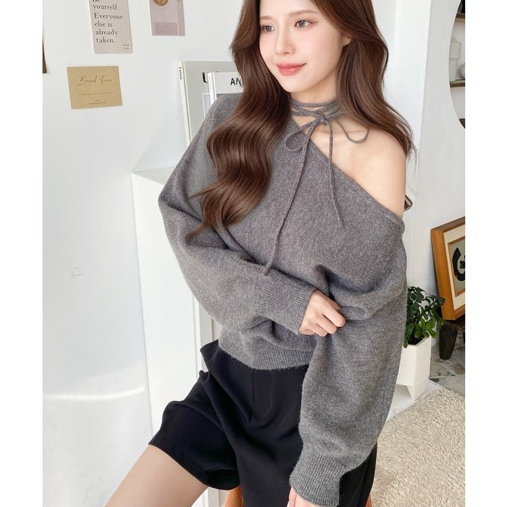 ストラップチョーカーネックリボンアシメワンショルダーニットプルオーバー | moment+ | 詳細画像38 