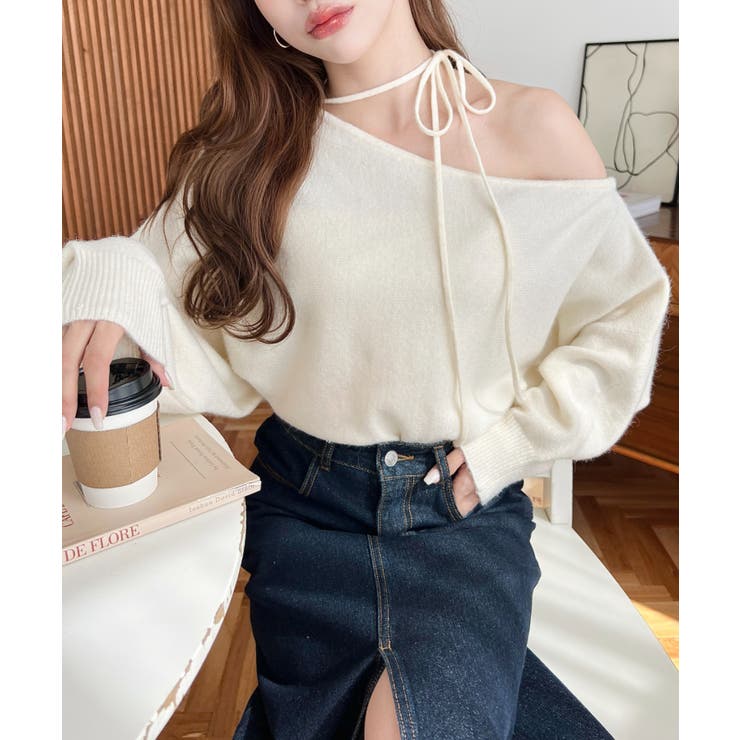 ストラップチョーカーネックリボンアシメワンショルダーニットプルオーバー | moment+ | 詳細画像4 