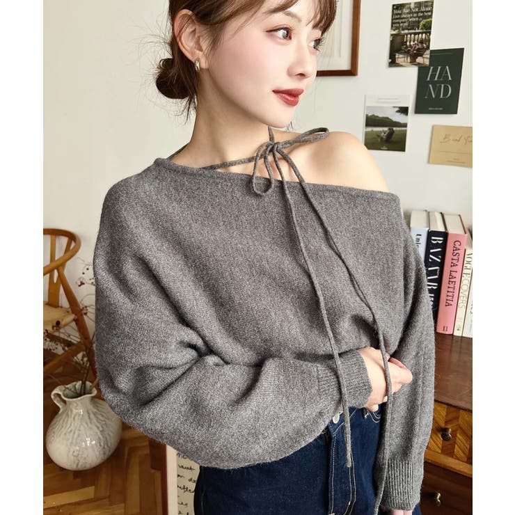 ストラップチョーカーネックリボンアシメワンショルダーニットプルオーバー | moment+ | 詳細画像40 