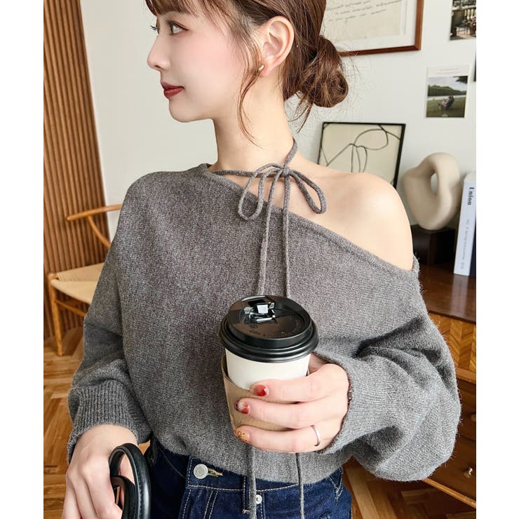 ストラップチョーカーネックリボンアシメワンショルダーニットプルオーバー | moment+ | 詳細画像41 