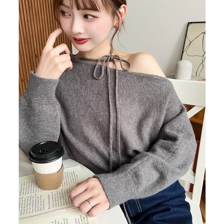 ストラップチョーカーネックリボンアシメワンショルダーニットプル