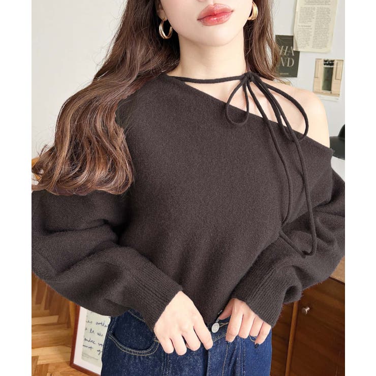 ストラップチョーカーネックリボンアシメワンショルダーニットプルオーバー | moment+ | 詳細画像46 