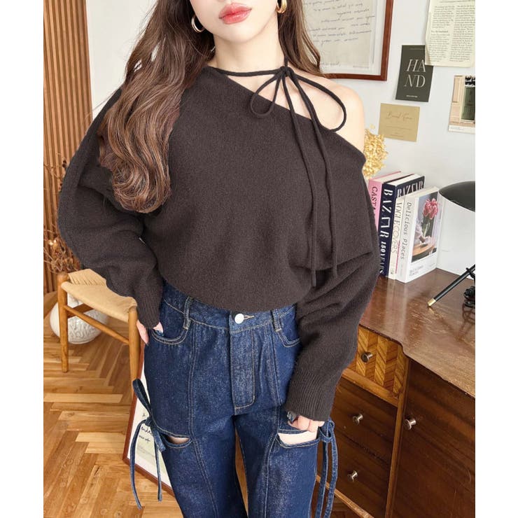 ストラップチョーカーネックリボンアシメワンショルダーニットプルオーバー | moment+ | 詳細画像47 