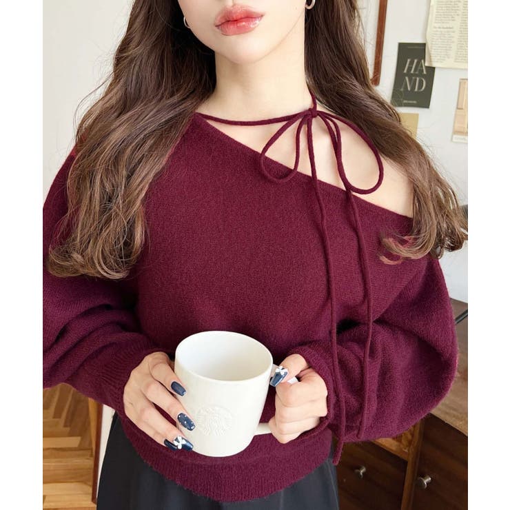 ストラップチョーカーネックリボンアシメワンショルダーニットプルオーバー | moment+ | 詳細画像48 