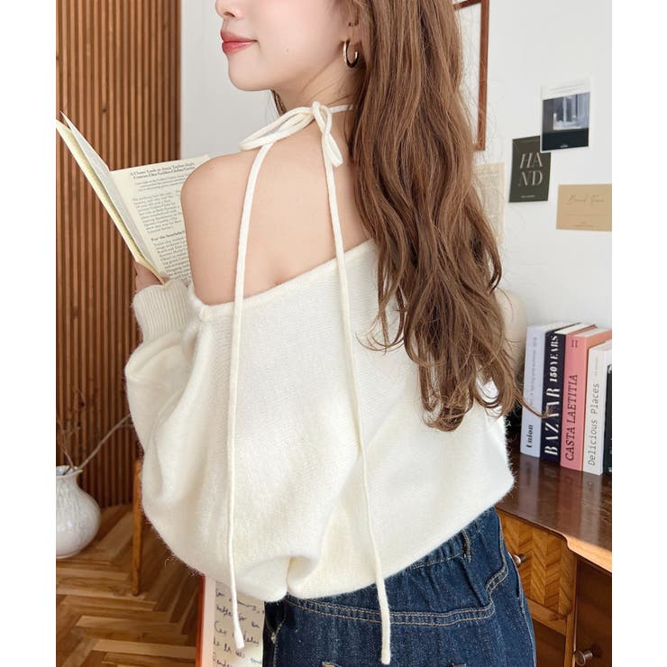 ストラップチョーカーネックリボンアシメワンショルダーニットプルオーバー | moment+ | 詳細画像5 