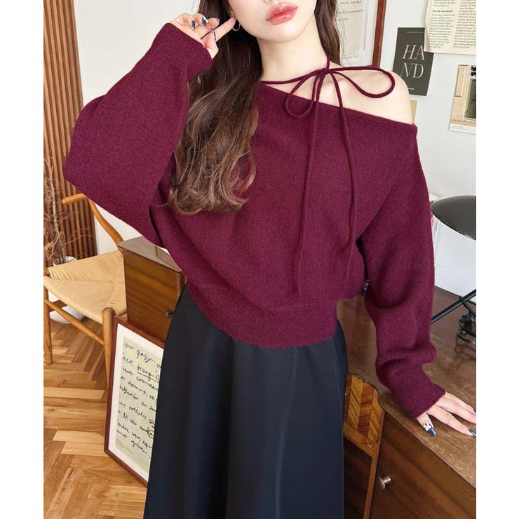 ストラップチョーカーネックリボンアシメワンショルダーニットプルオーバー | moment+ | 詳細画像51 