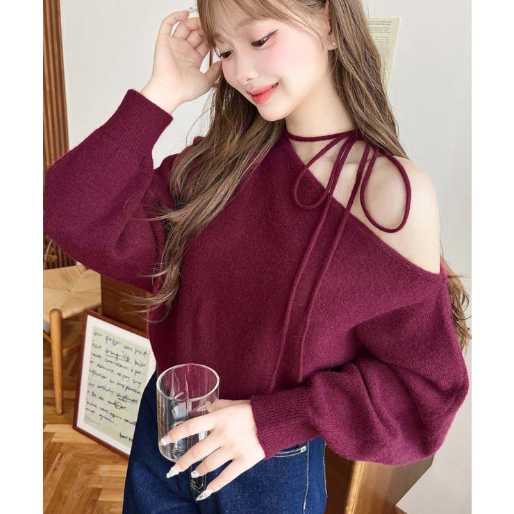 ストラップチョーカーネックリボンアシメワンショルダーニットプルオーバー | moment+ | 詳細画像56 