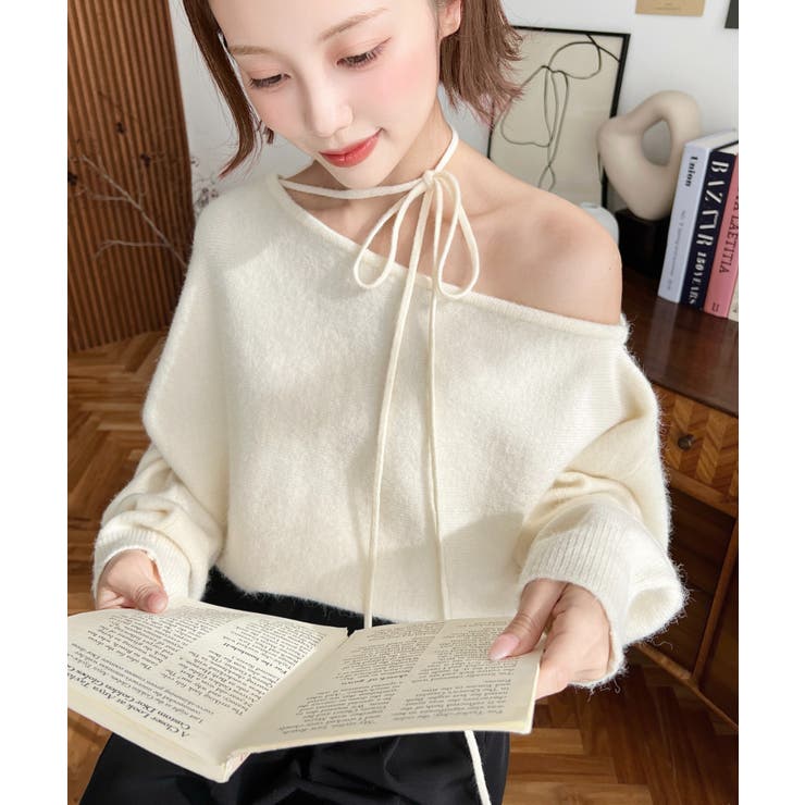 ストラップチョーカーネックリボンアシメワンショルダーニットプルオーバー | moment+ | 詳細画像7 