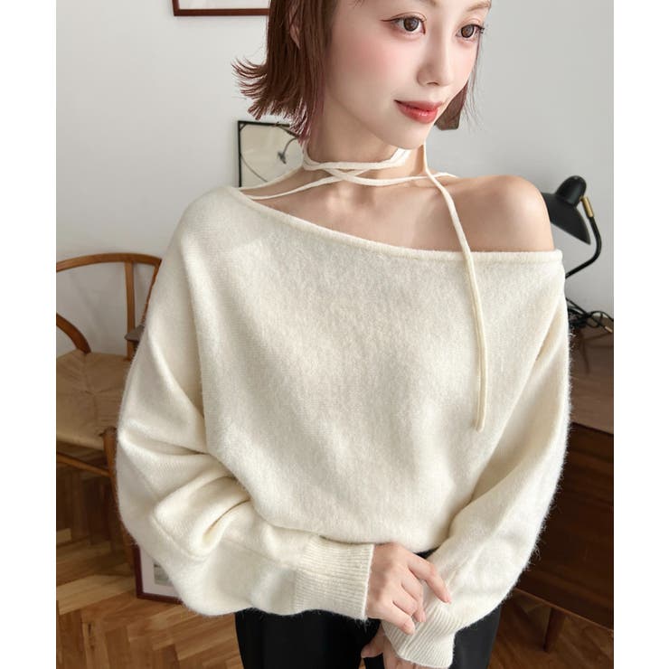 ストラップチョーカーネックリボンアシメワンショルダーニットプルオーバー | moment+ | 詳細画像9 