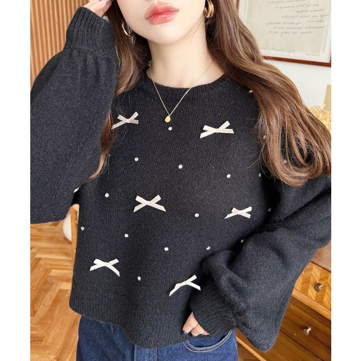 リボンビジューショート丈もちもちニットプルオーバー | moment+ | 詳細画像10 