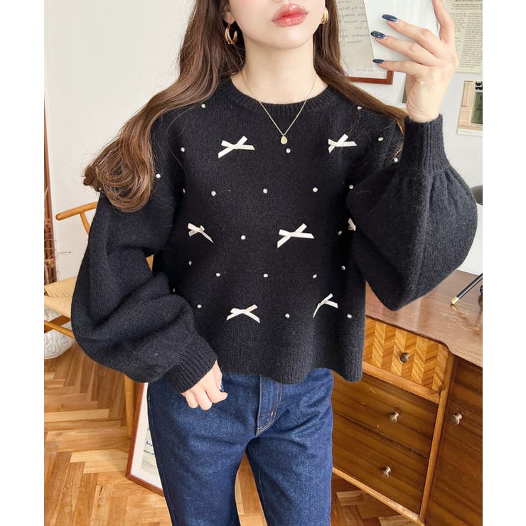 リボンビジューショート丈もちもちニットプルオーバー | moment+ | 詳細画像11 