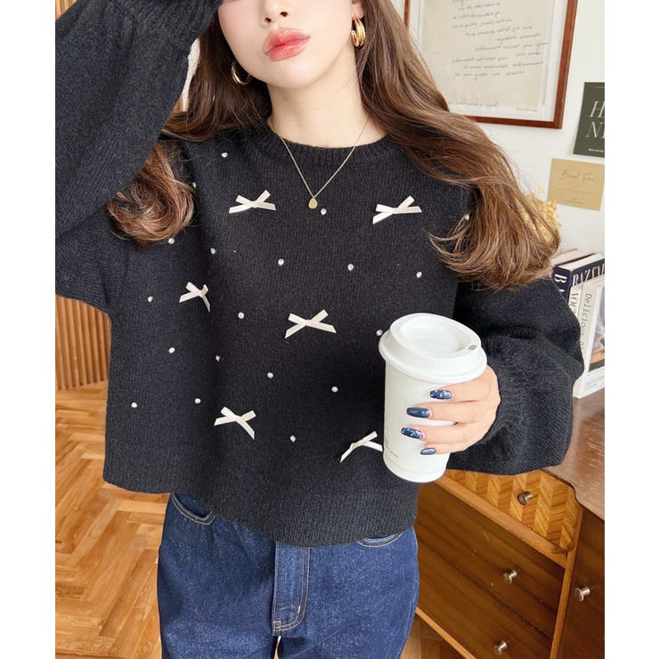 リボンビジューショート丈もちもちニットプルオーバー | moment+ | 詳細画像12 