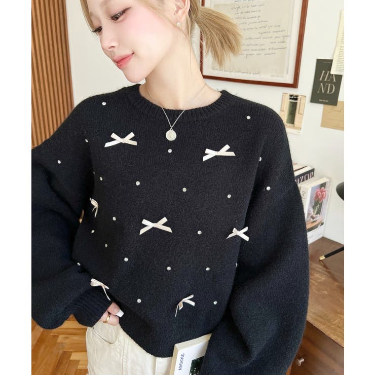 リボンビジューショート丈もちもちニットプルオーバー | moment+ | 詳細画像13 