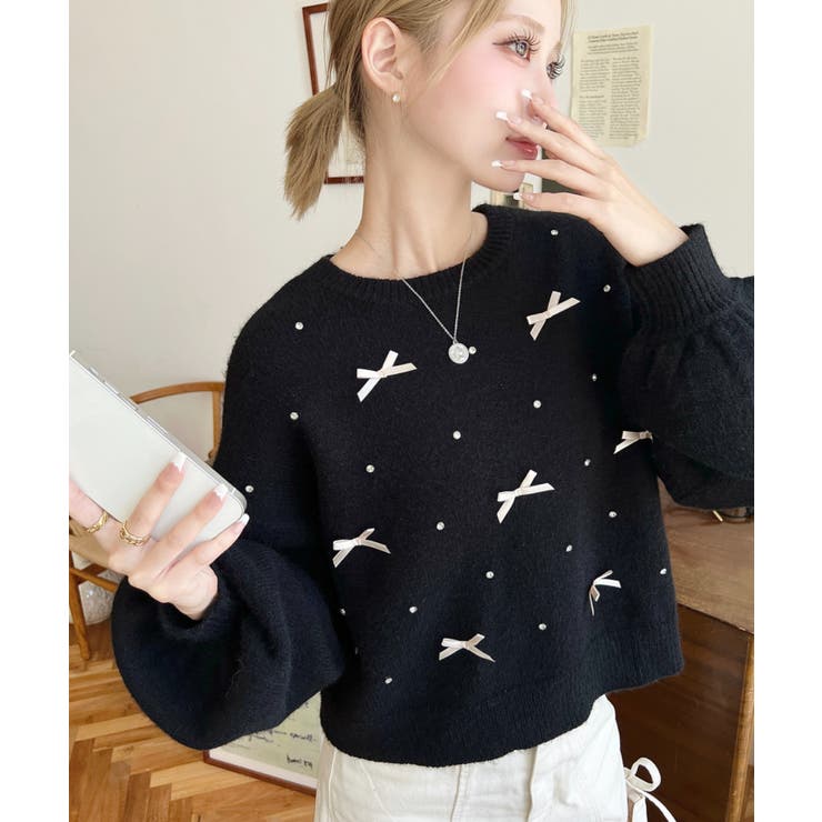 リボンビジューショート丈もちもちニットプルオーバー | moment+ | 詳細画像14 