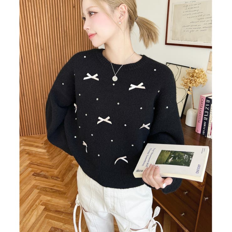 リボンビジューショート丈もちもちニットプルオーバー | moment+ | 詳細画像15 