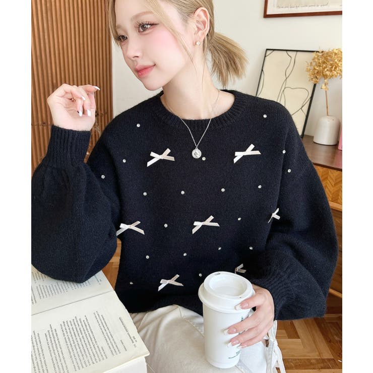 リボンビジューショート丈もちもちニットプルオーバー | moment+ | 詳細画像16 