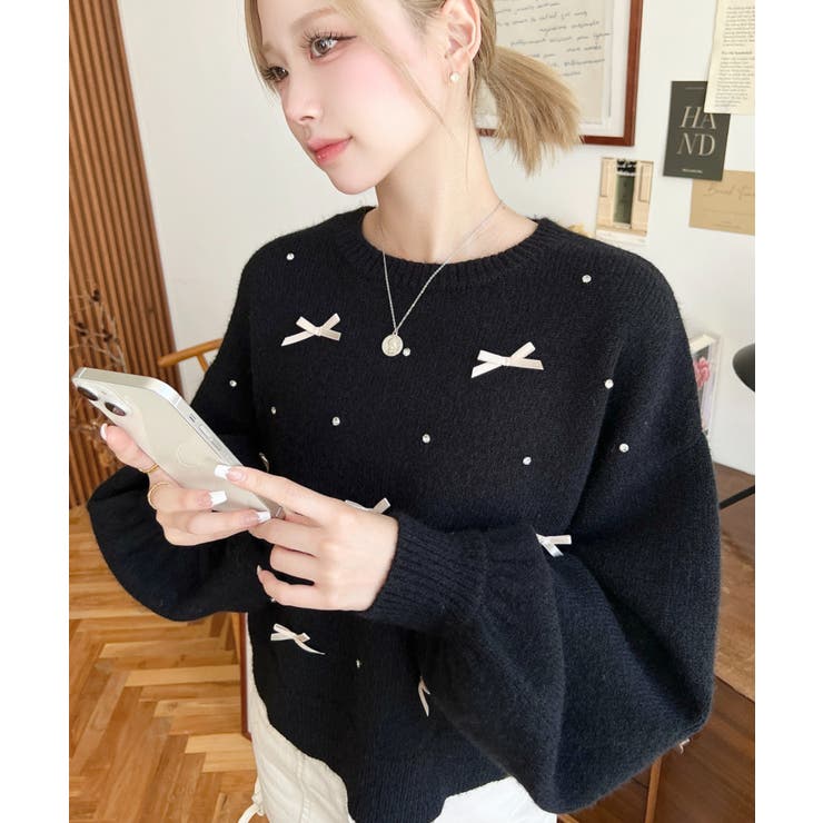 リボンビジューショート丈もちもちニットプルオーバー | moment+ | 詳細画像17 