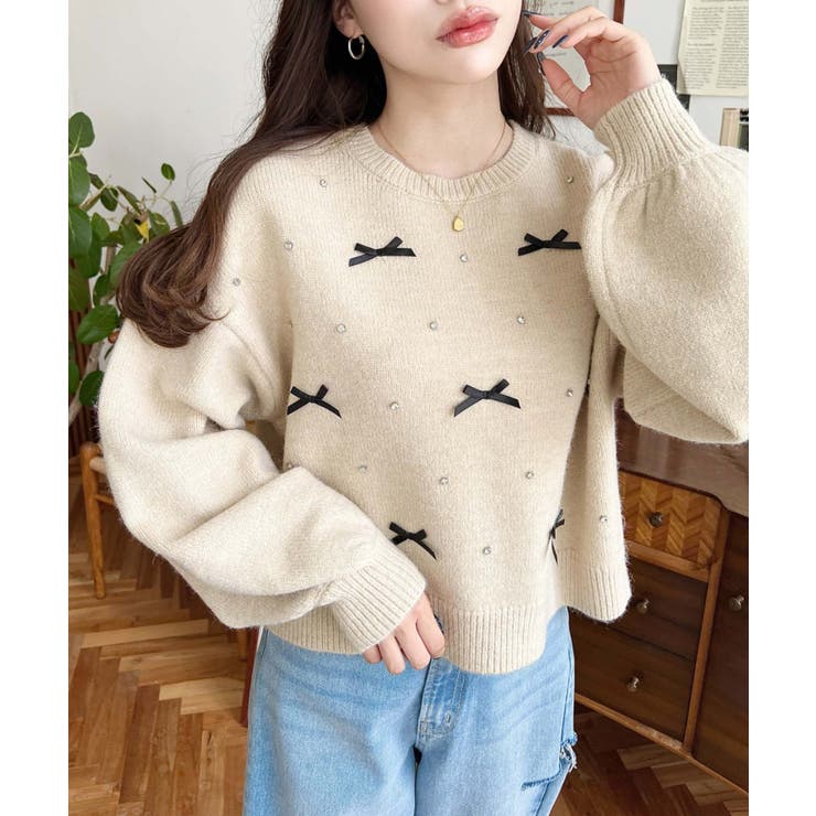 リボンビジューショート丈もちもちニットプルオーバー | moment+ | 詳細画像19 