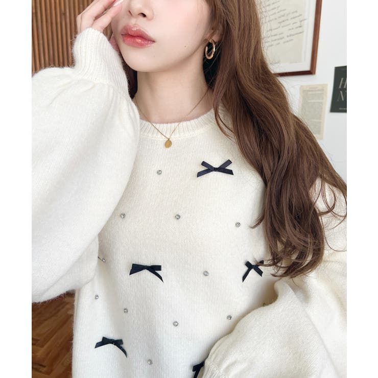 リボンビジューショート丈もちもちニットプルオーバー | moment+ | 詳細画像2 