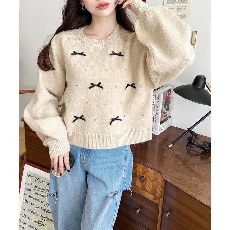 リボンビジューショート丈もちもちニットプルオーバー | moment+ | 詳細画像21 