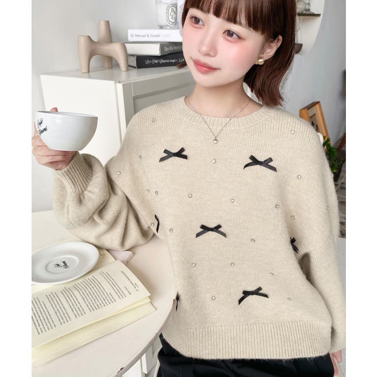 リボンビジューショート丈もちもちニットプルオーバー | moment+ | 詳細画像22 