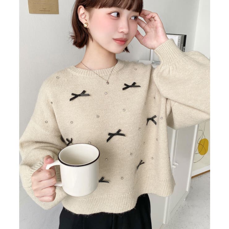 リボンビジューショート丈もちもちニットプルオーバー | moment+ | 詳細画像26 