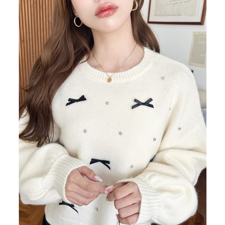 リボンビジューショート丈もちもちニットプルオーバー | moment+ | 詳細画像3 