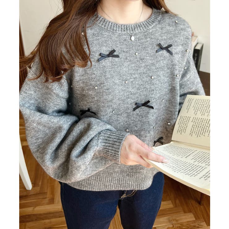 リボンビジューショート丈もちもちニットプルオーバー | moment+ | 詳細画像30 