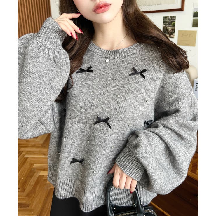 リボンビジューショート丈もちもちニットプルオーバー | moment+ | 詳細画像31 