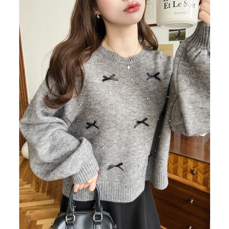 リボンビジューショート丈もちもちニットプルオーバー | moment+ | 詳細画像32 