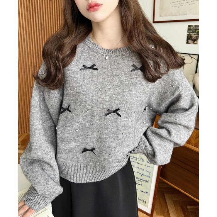 リボンビジューショート丈もちもちニットプルオーバー | moment+ | 詳細画像33 