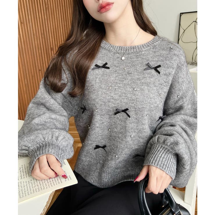 リボンビジューショート丈もちもちニットプルオーバー | moment+ | 詳細画像34 