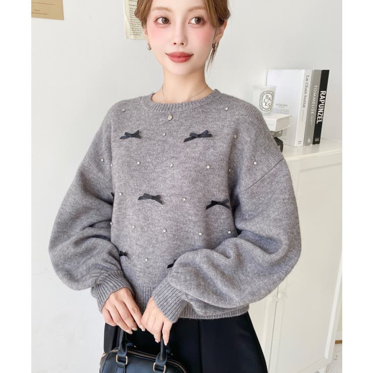 リボンビジューショート丈もちもちニットプルオーバー | moment+ | 詳細画像35 