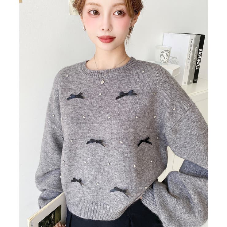 リボンビジューショート丈もちもちニットプルオーバー | moment+ | 詳細画像38 