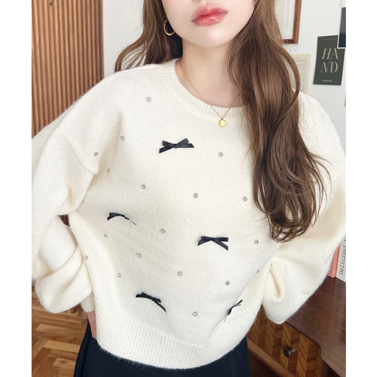 リボンビジューショート丈もちもちニットプルオーバー | moment+ | 詳細画像4 