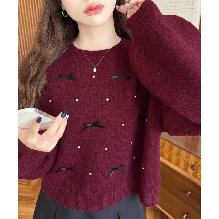 リボンビジューショート丈もちもちニットプルオーバー | moment+ | 詳細画像40 