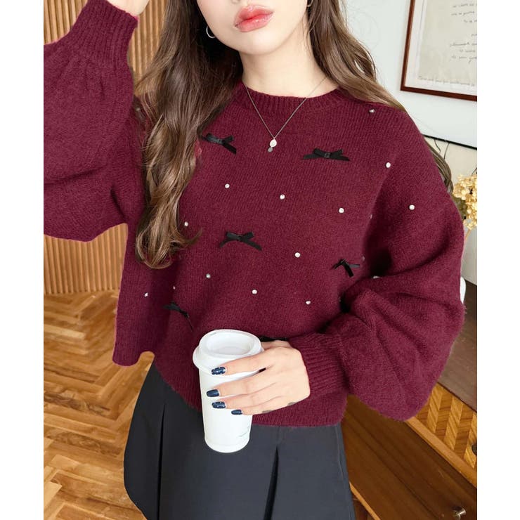 リボンビジューショート丈もちもちニットプルオーバー | moment+ | 詳細画像41 