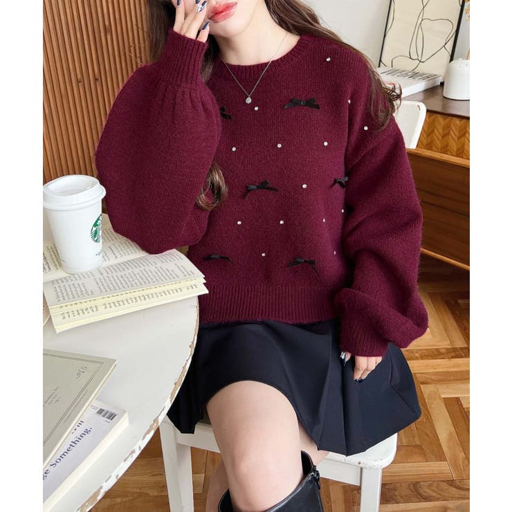 リボンビジューショート丈もちもちニットプルオーバー | moment+ | 詳細画像42 