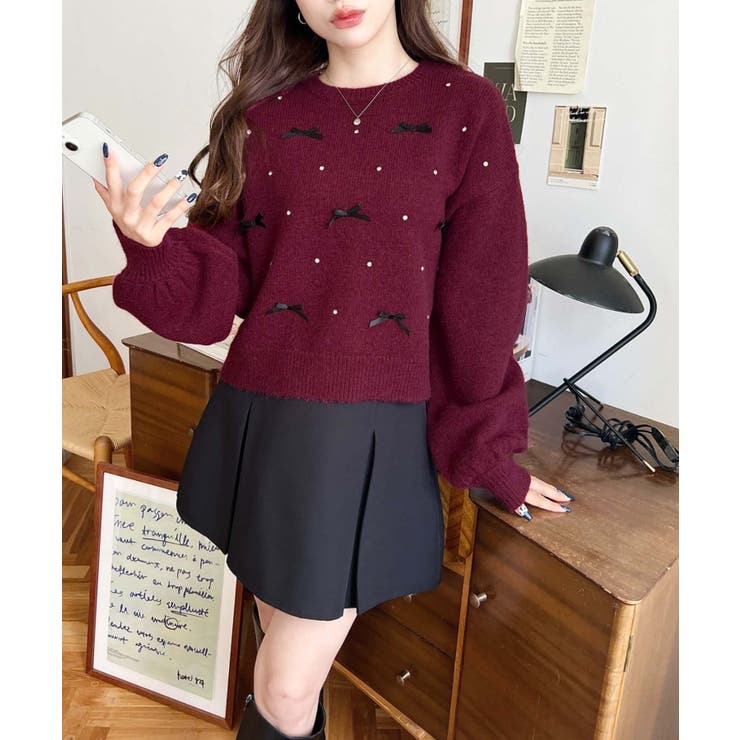 リボンビジューショート丈もちもちニットプルオーバー | moment+ | 詳細画像43 