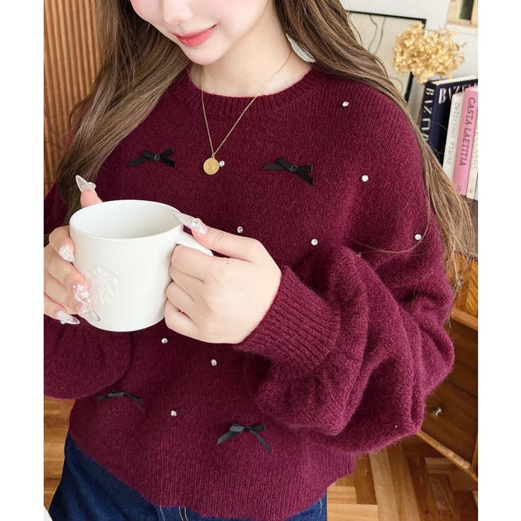 リボンビジューショート丈もちもちニットプルオーバー | moment+ | 詳細画像44 