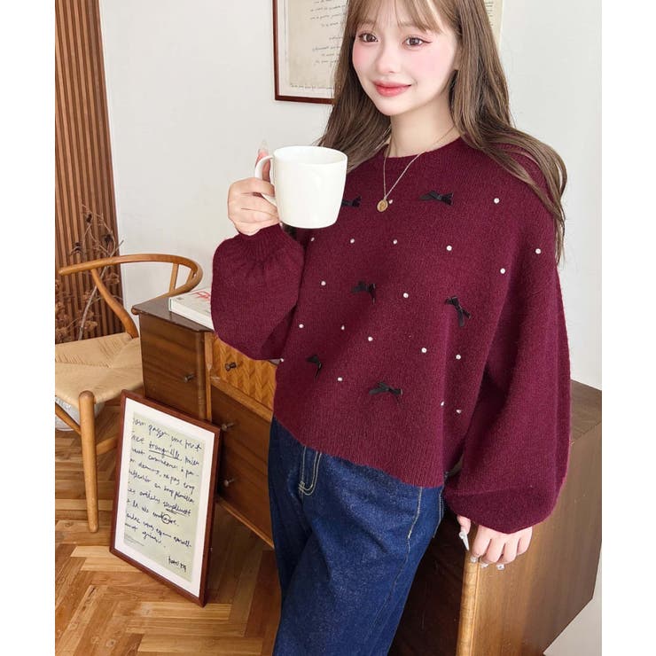 リボンビジューショート丈もちもちニットプルオーバー | moment+ | 詳細画像45 