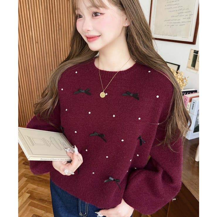 リボンビジューショート丈もちもちニットプルオーバー | moment+ | 詳細画像46 