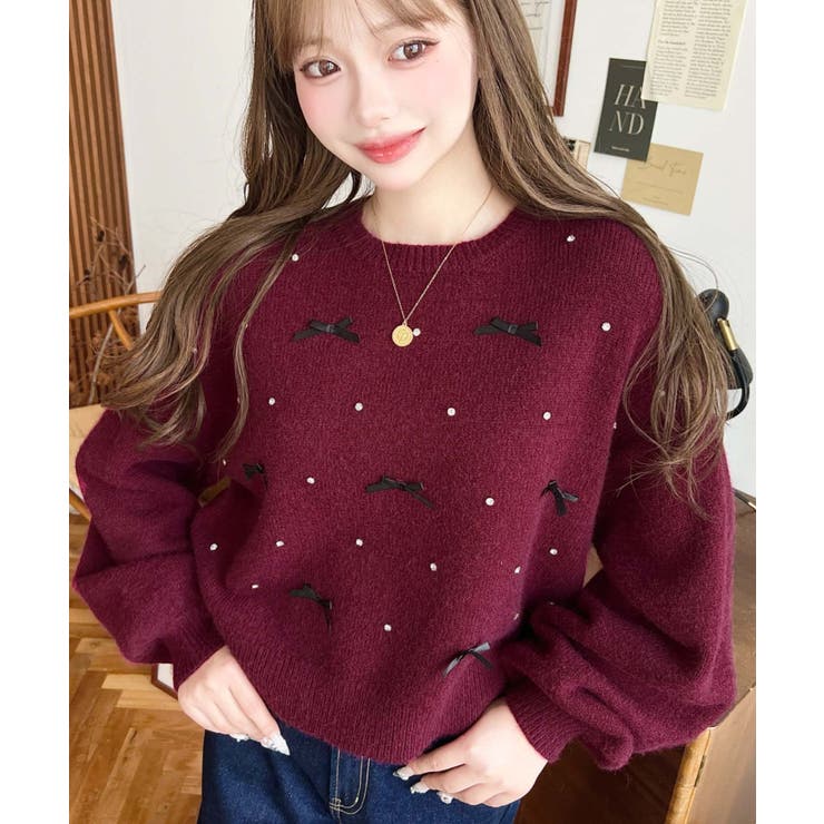 リボンビジューショート丈もちもちニットプルオーバー | moment+ | 詳細画像47 