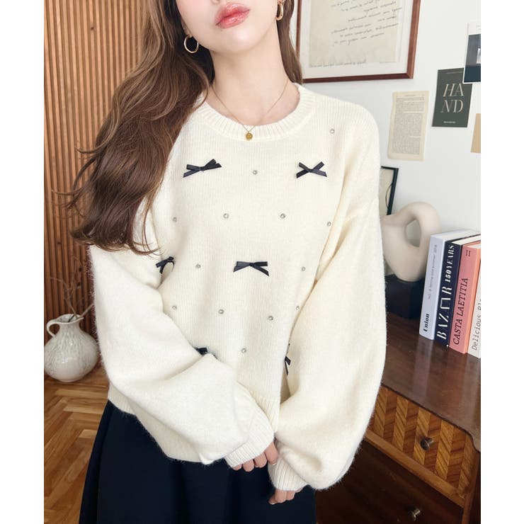 リボンビジューショート丈もちもちニットプルオーバー | moment+ | 詳細画像5 