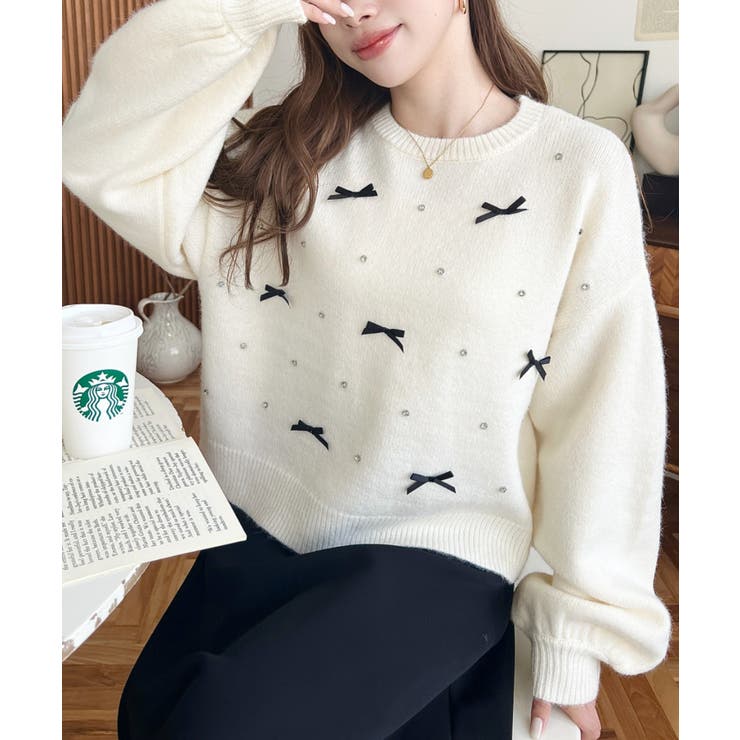 リボンビジューショート丈もちもちニットプルオーバー | moment+ | 詳細画像6 