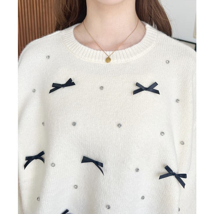 リボンビジューショート丈もちもちニットプルオーバー | moment+ | 詳細画像7 