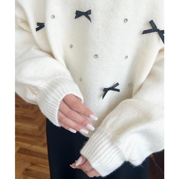リボンビジューショート丈もちもちニットプルオーバー | moment+ | 詳細画像8 
